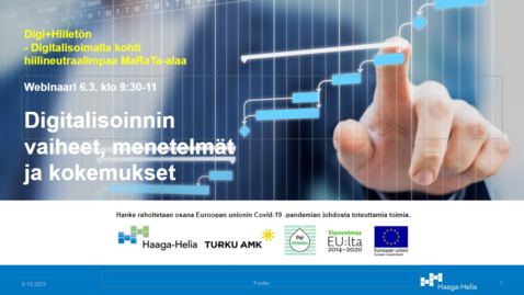 Thumbnail for Digitalisoinnin vaiheet, menetelmät ja kokemukset - Webinaari 6.3.2023 - Digi+Hiiletön-hanke